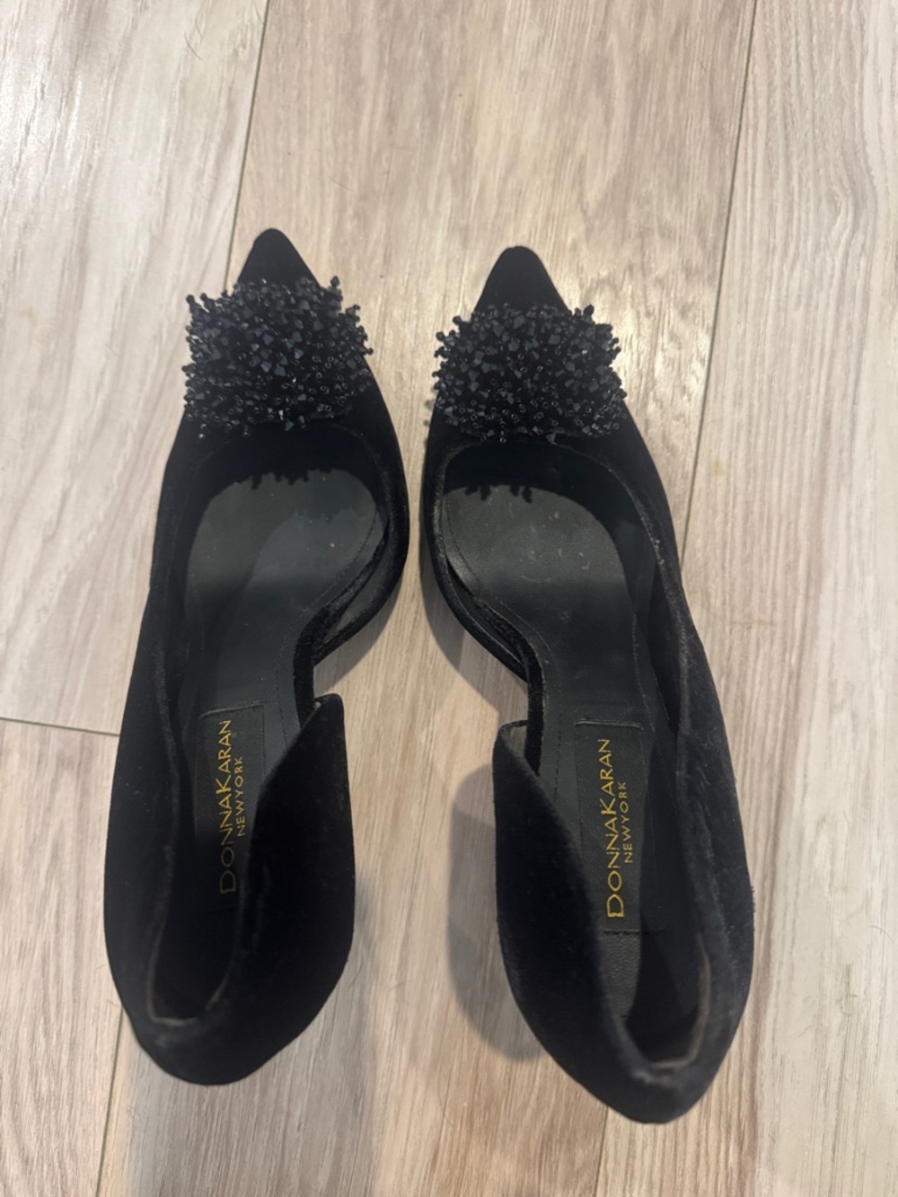 Donna Karan Black Velvet Pointed Toe Flats with Beaded Appliqué